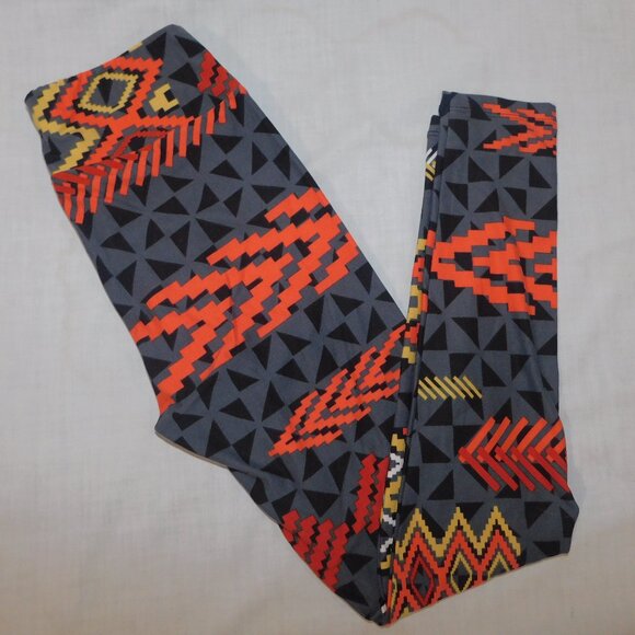LuLaroe Gray Black Orange Teal Southwestern print Womens Leggings OS size 2 -10 - Picture 1 of 9